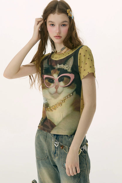 Retro Distressed Cat Print Top