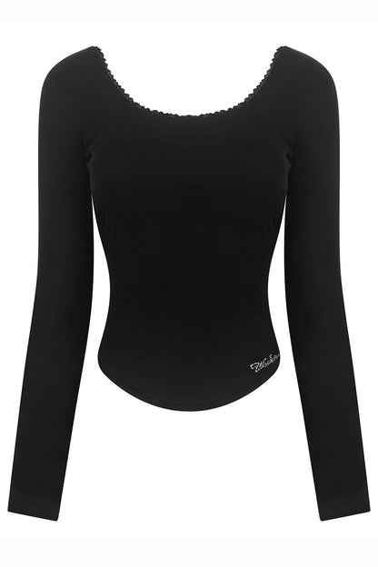 Lace Trim Backless Long Sleeve T-Shirt