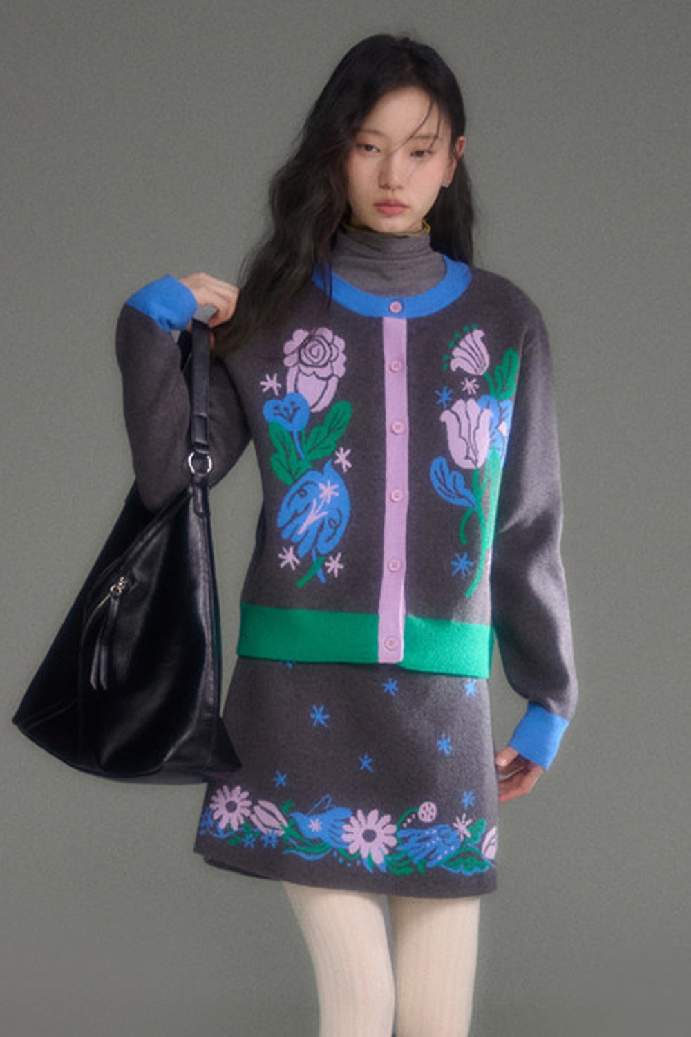 Nightingale Rose Bird Jacquard Knit Cardigan Vest and Skirt Set-Up