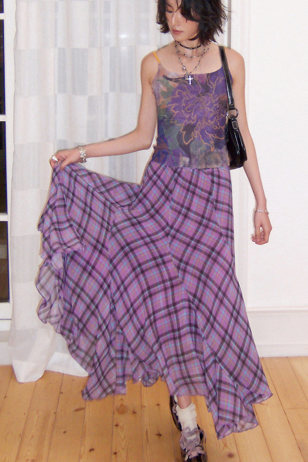 Asymmetrical Color-Block Plaid Chiffon Skirt
