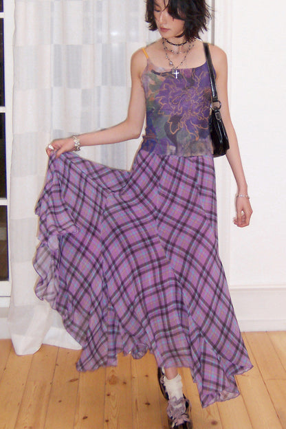 Asymmetrical Color-Block Plaid Chiffon Skirt
