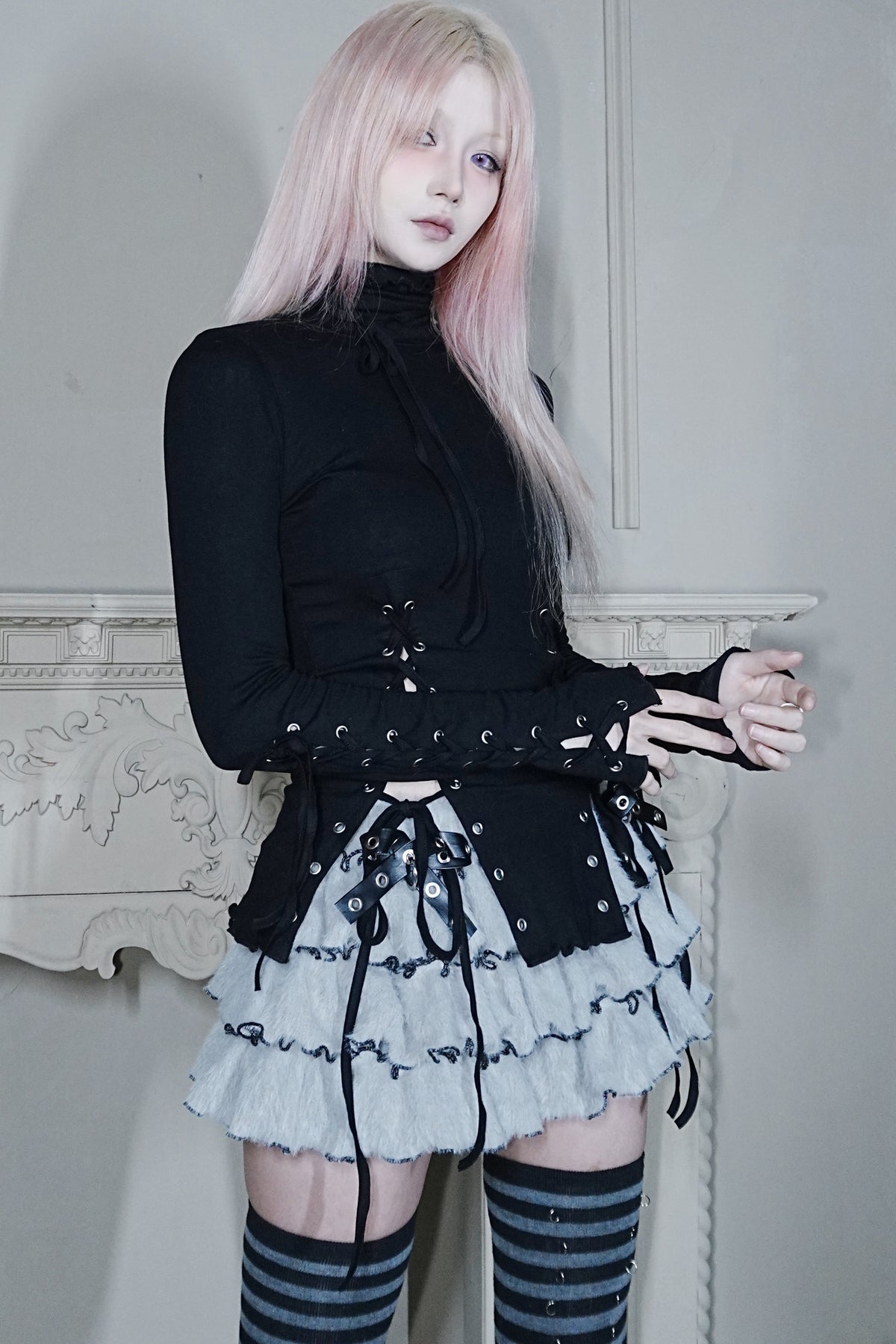 High-Neck Lace-Up Knit Top