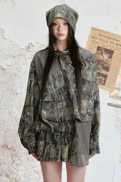 Blusa vintage effetto tie-dye a quadri