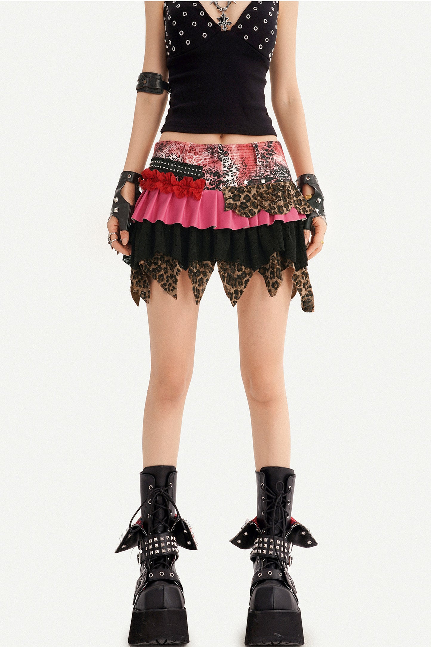 Y2K Leopard Patchwork Ruffle Skirt
