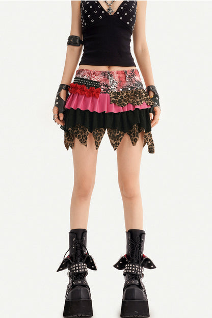 Y2K Leopard Patchwork Ruffle Skirt