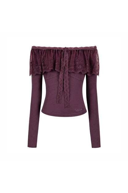 Two-Way Tencel Lace Patchwork Off-Shoulder T-Shirt