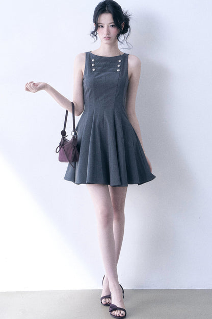 Decorative Button Sleeveless Flared Dress