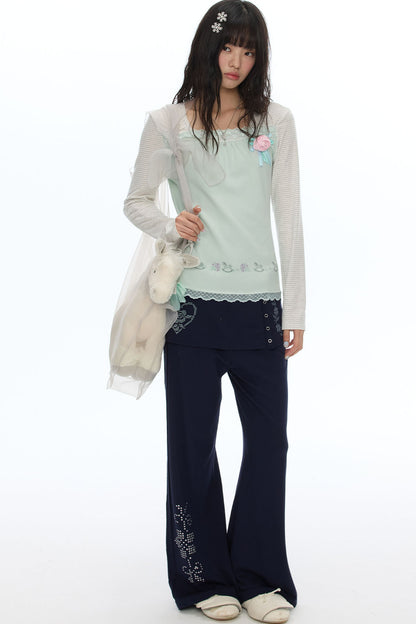 Rhinestone Layered-Look Flared Sweatpants