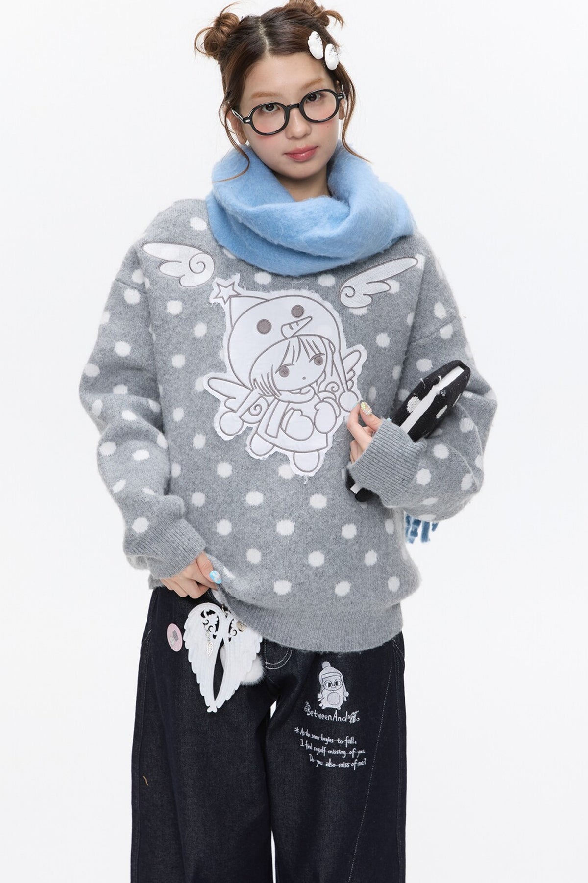 Patch Embroidery Angel Polka Dot Pullover