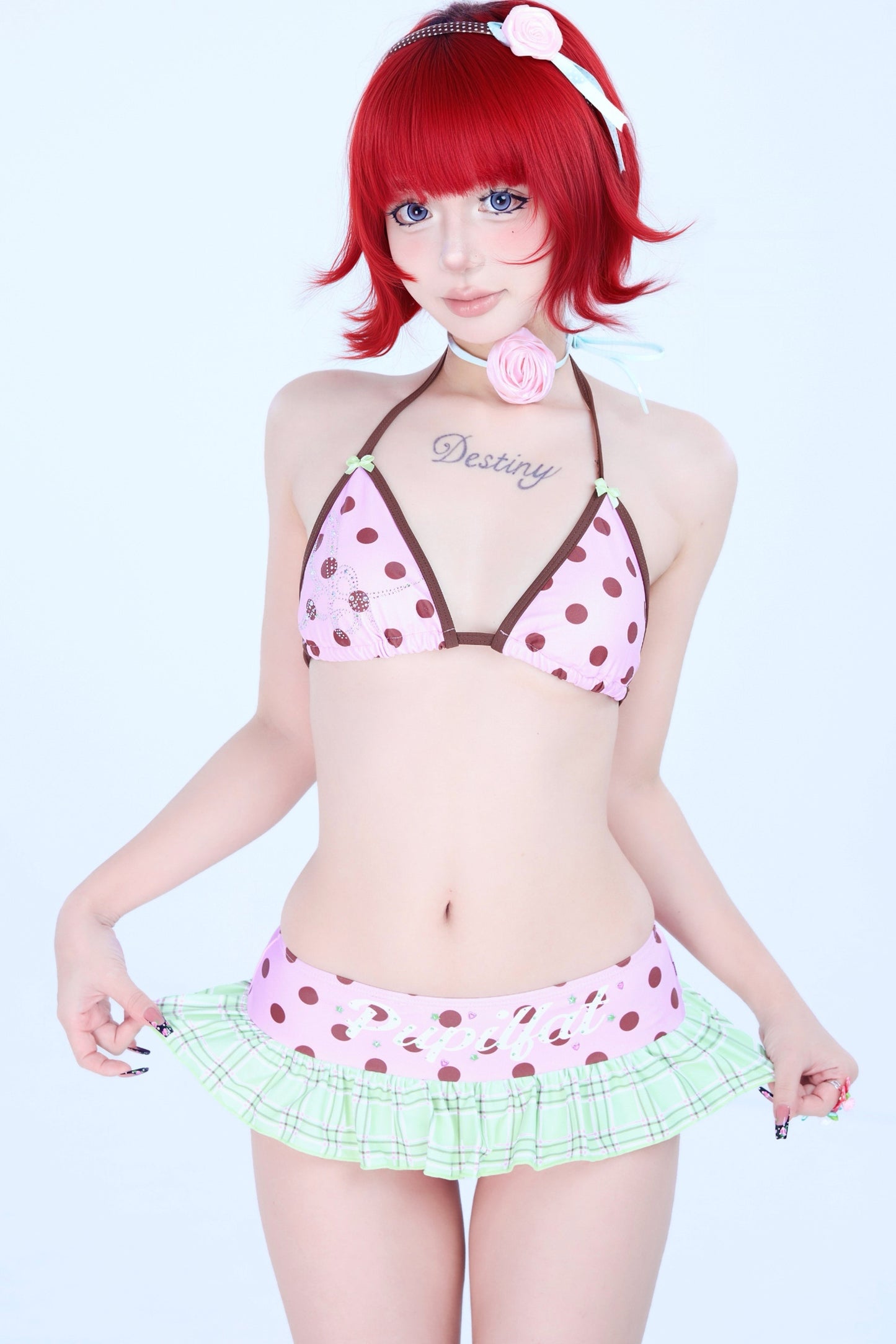 Pink Brown Polka Dot Rhinestone Ruffle Swimsuit
