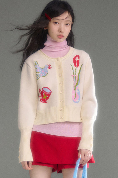 Tulip Bird Jacquard Knit Cardigan
