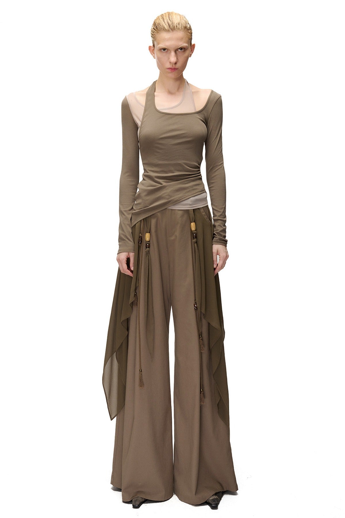 Layered-Look Spliced Halter Long-Sleeve T-Shirt