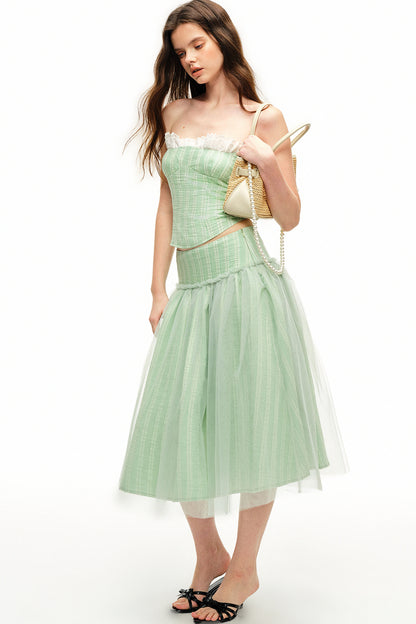 Mint Green Stripe Lyocell Cape and Tulle Skirt Set-Up