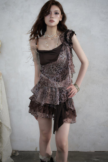 Leopard Print Layered-Look Strap Irregular Hem Dress