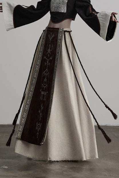 Embroidered Suede Panel Skirt