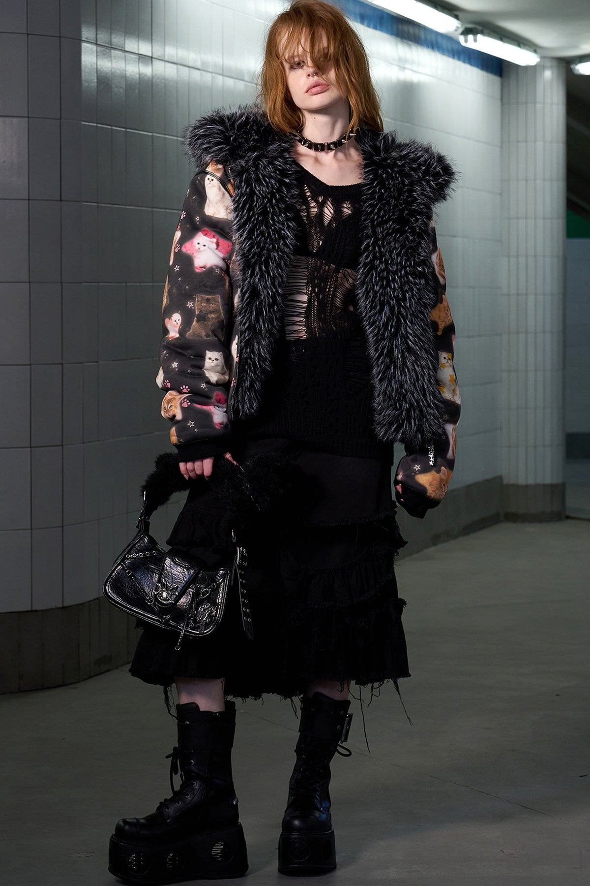 Cat Print Reversible Fur Coat
