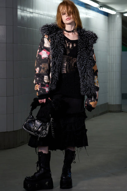 Cat Print Reversible Fur Coat