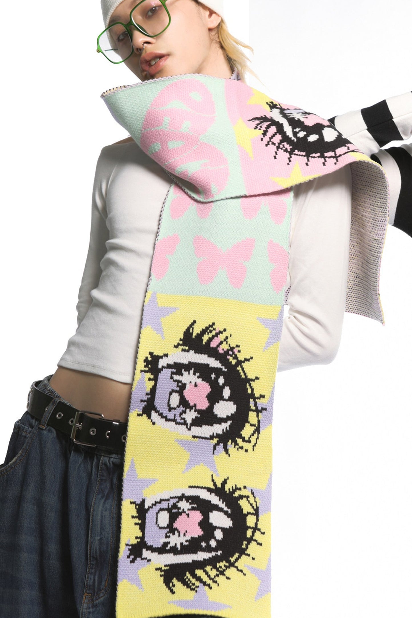 Comic Eye Knitted Long Scarf Set-Up