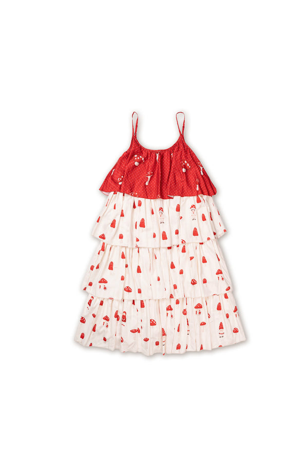 Red Mushroom Print Layered-Look Suspender Dress
