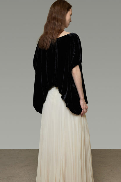 Black Velvet Top And Pleated Skirt Set