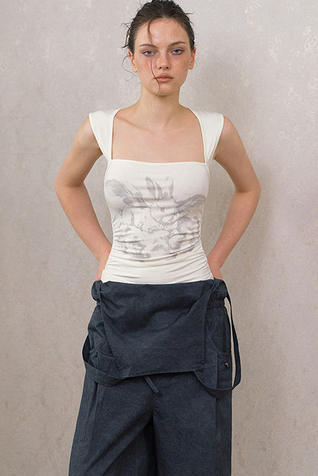 Rabbit Print Ruched Square Neck Tank Top