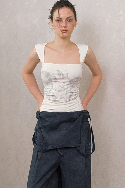 Rabbit Print Ruched Square Neck Tank Top