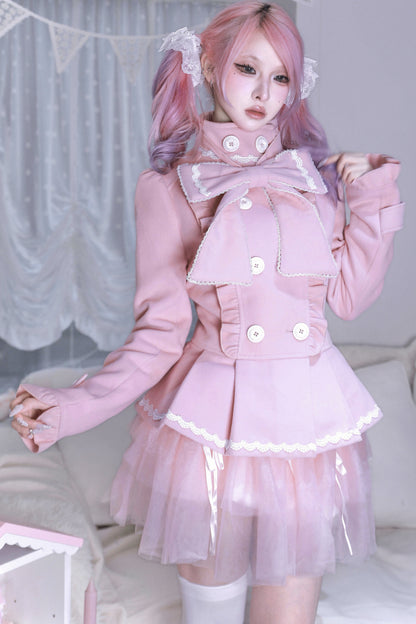 Detachable Bow Woolen Coat and Dress Set