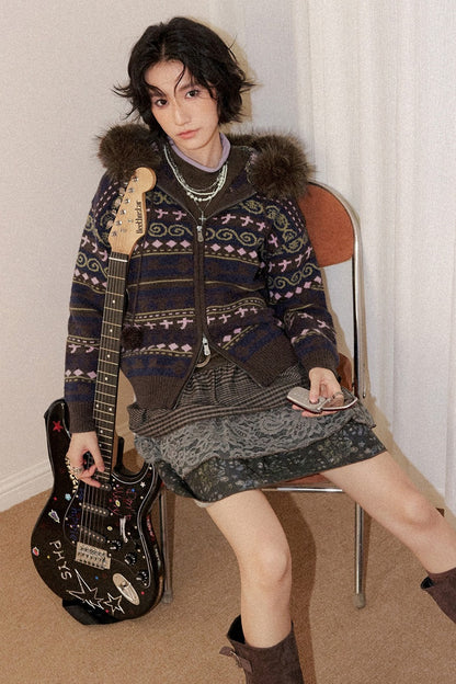 Detachable Fur Collar Fair Isle Hooded Cardigan