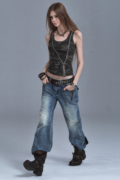 Black Camouflage Diagonal Zipper Two-Way Wear Camisole