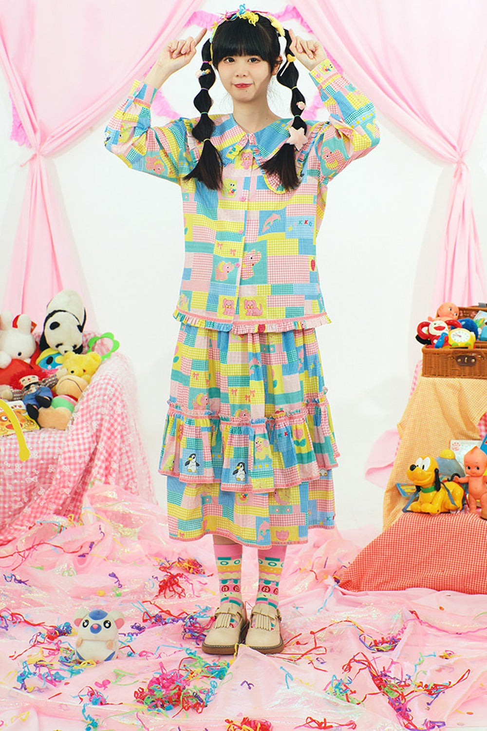 Patchwork Print Doll Collar Shirt