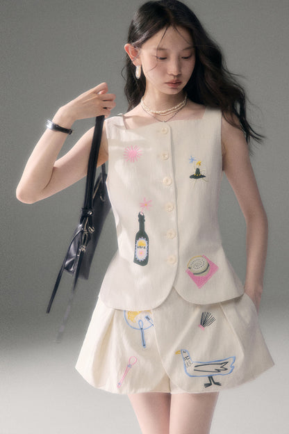 Ear Detail Tencel Cotton Embroidered Vest and Shorts Set-Up