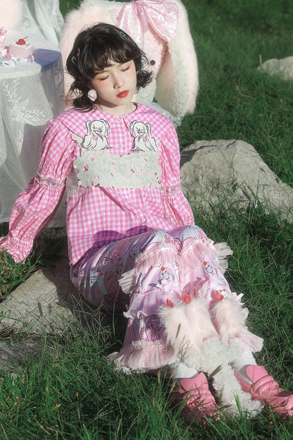 Dog Embroidered Plaid Puff Sleeve Shirt