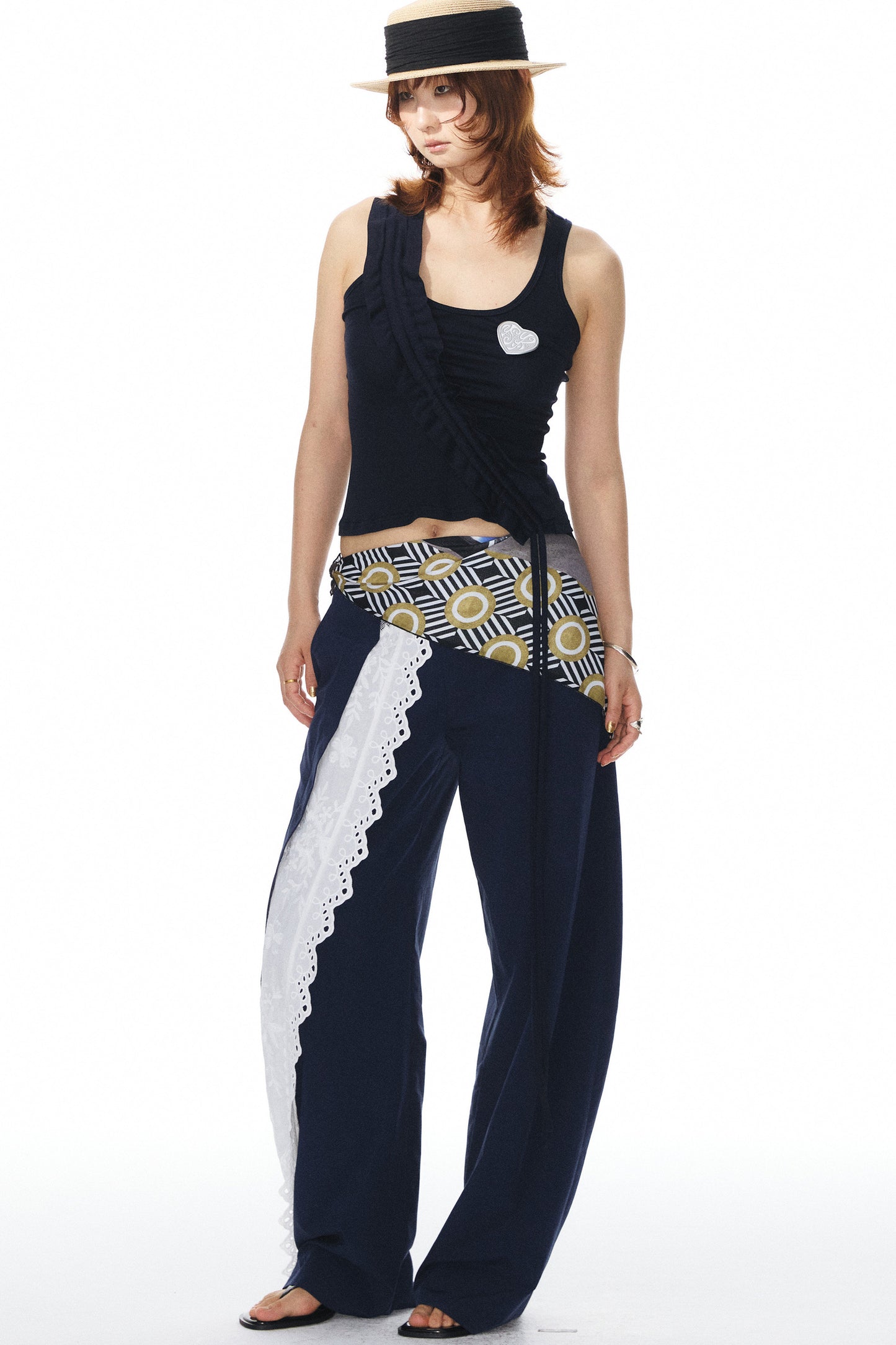 Navy Lace Trim Pants