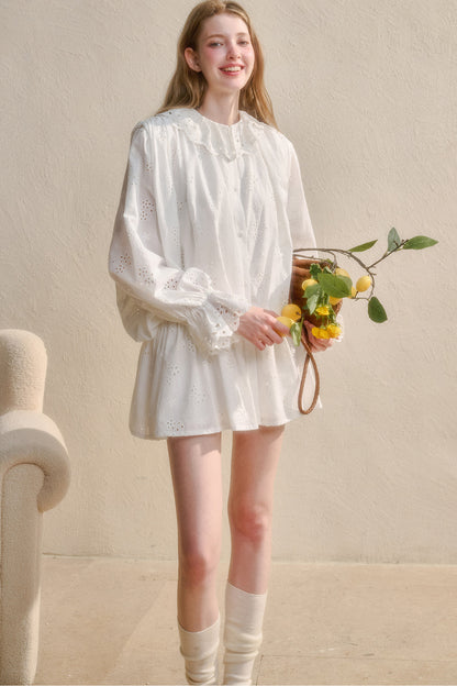 Long-Sleeved Cotton Embroidered Shirt Dress