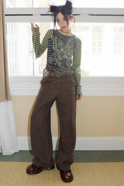 Striped Spliced Raglan Cat Print Top