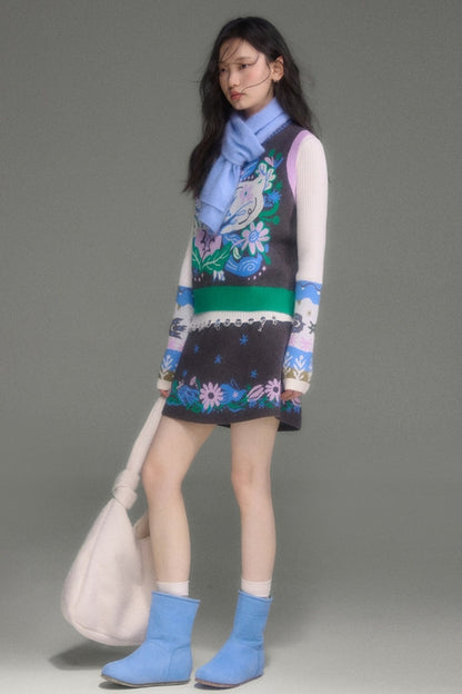 Wool Blend Bird Jacquard Knit Top