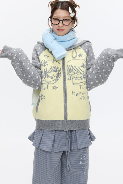 Polka Dot Raglan Zip Sweater
