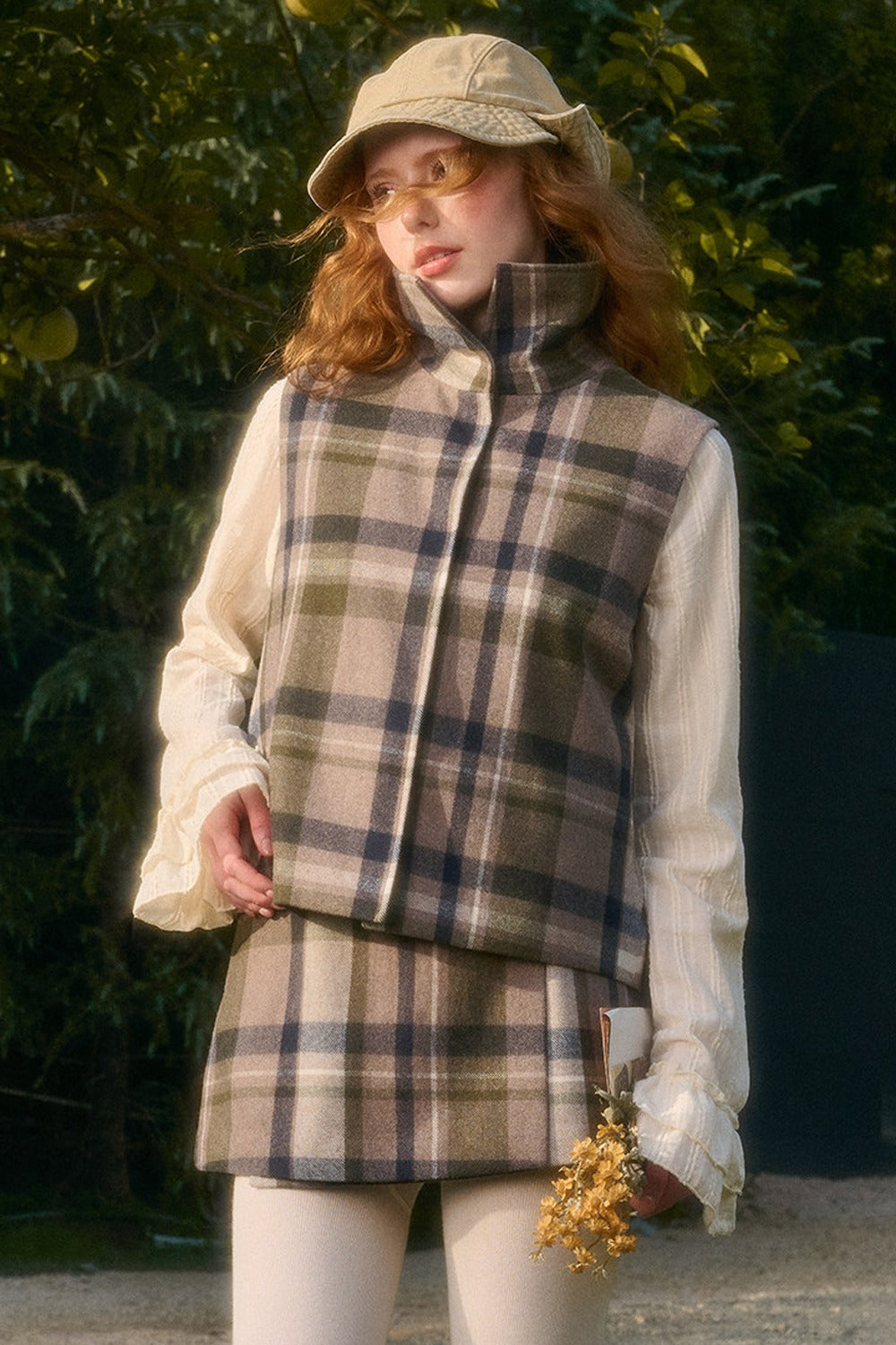 Detachable Plaid Cape Vest And A-Line Skirt Set-Up