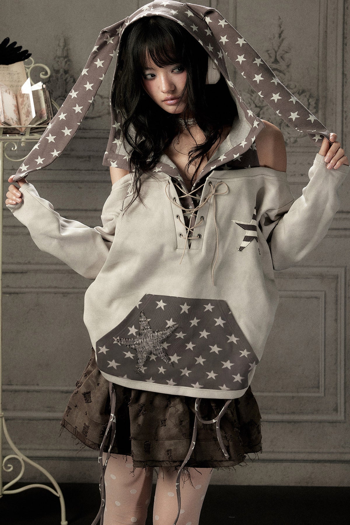 Bunny Ears Star Off-Shoulder Hoodie