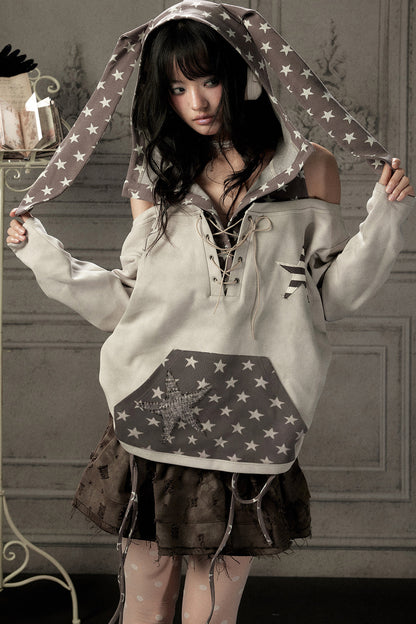 Bunny Ears Star Off-Shoulder Hoodie