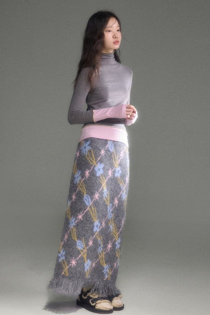 Tulip Floral Jacquard Knit Tassel Skirt