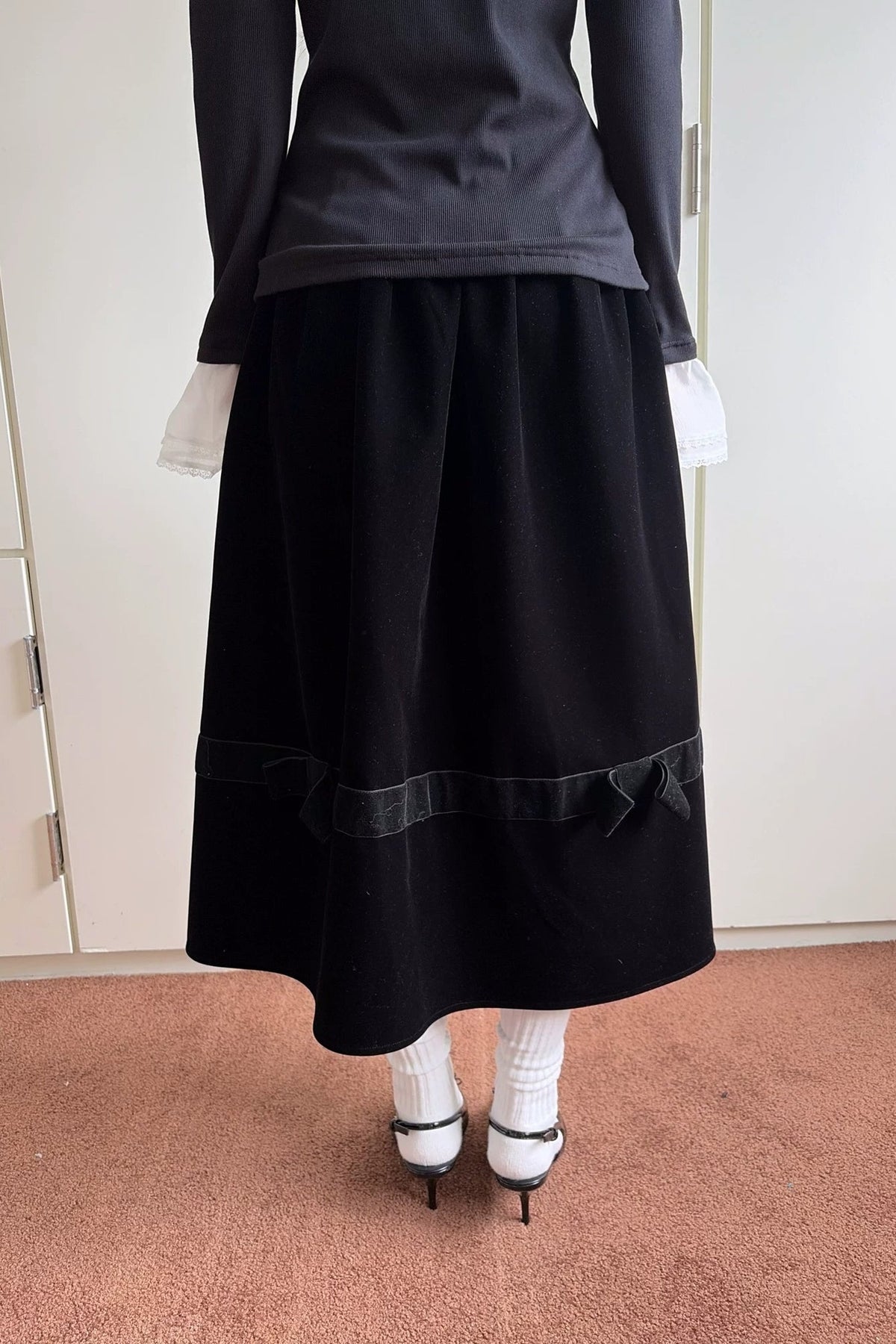Black Velvet Bow Tie Midi Skirt