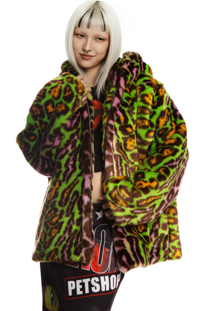 Leopard Print Fur Hooded Jacket