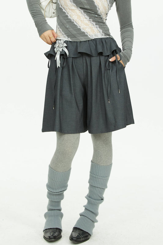 Gray Wide-Leg Lace Waist Shorts