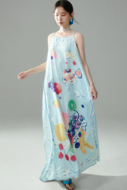 Hand-Painted Fruit Print Slip Dress