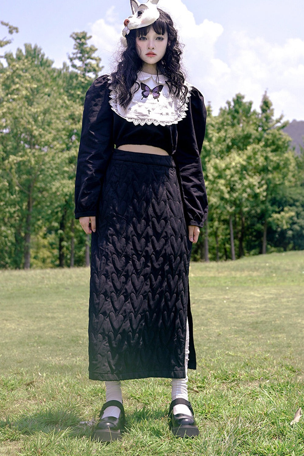 Heart Jacquard Slit Skirt
