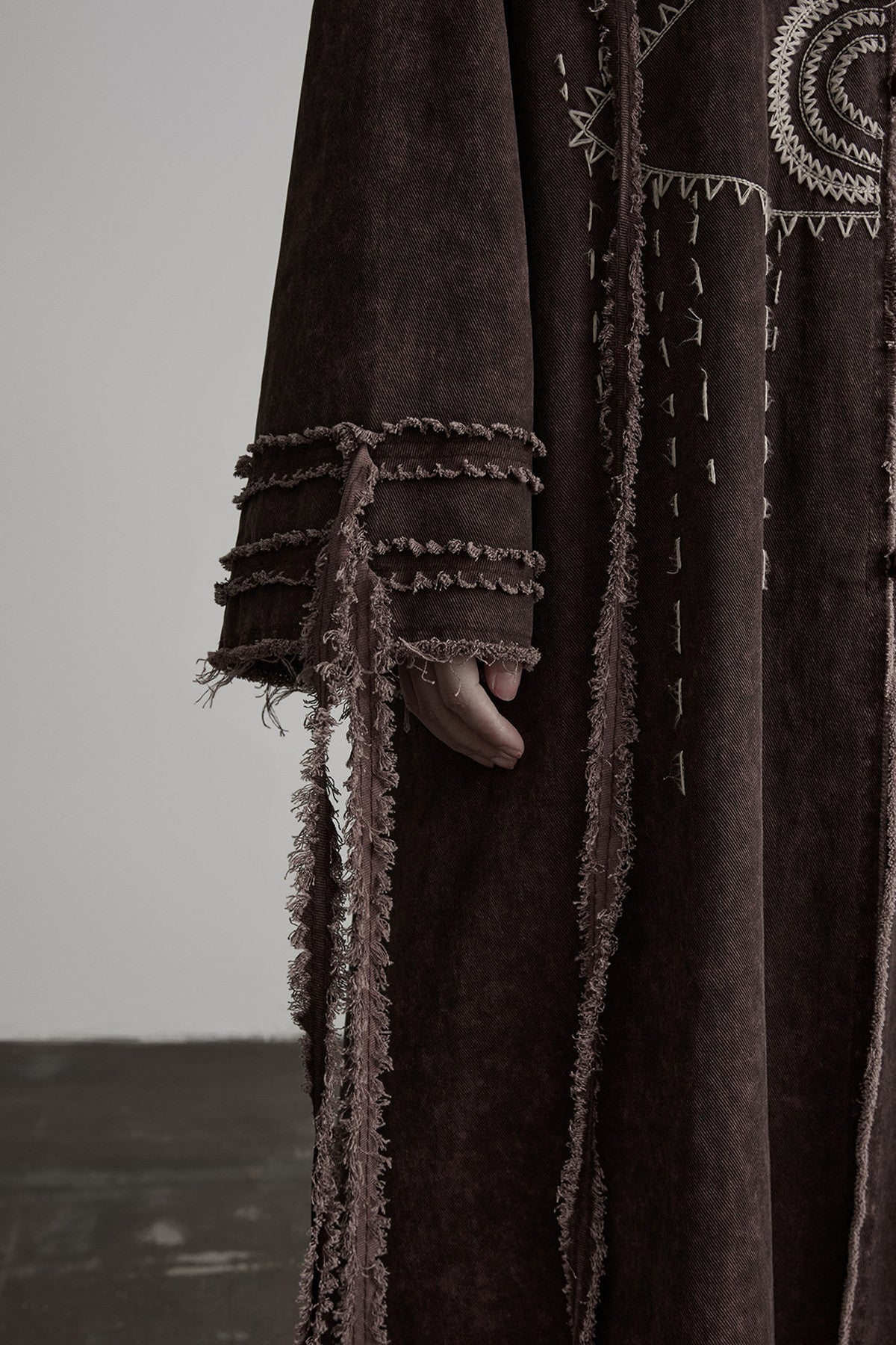 Red-Brown Quilted Embroidered Long Hooded Trench Coat
