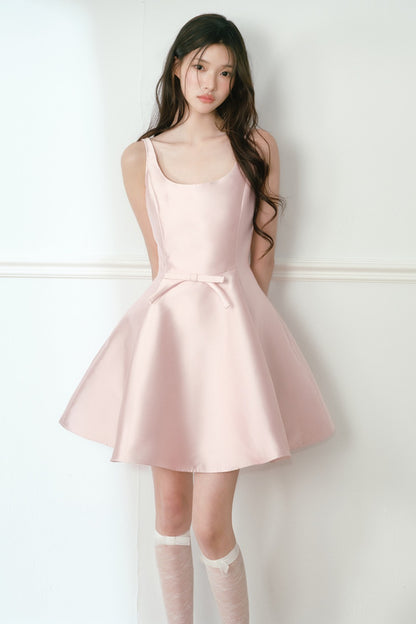 Glossy Satin U-Neck A-Line Dress