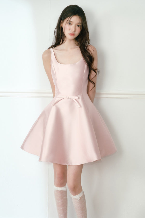 Glossy Satin U-Neck A-Line Dress