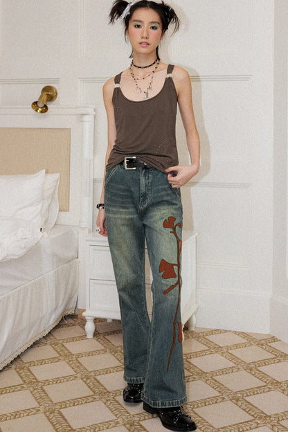 Ginkgo Leaf Embroidered Denim Pants